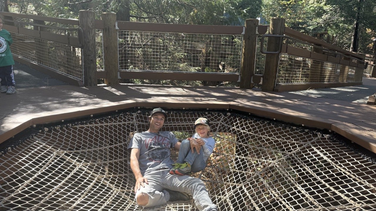 A dad and son laughing together on a rope net among the trees
